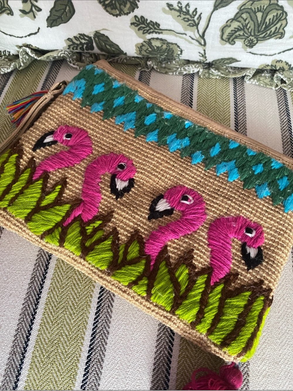 NWOT America & Beyond Woven Flamingo Clutch/Wristlet w/Pom Poms